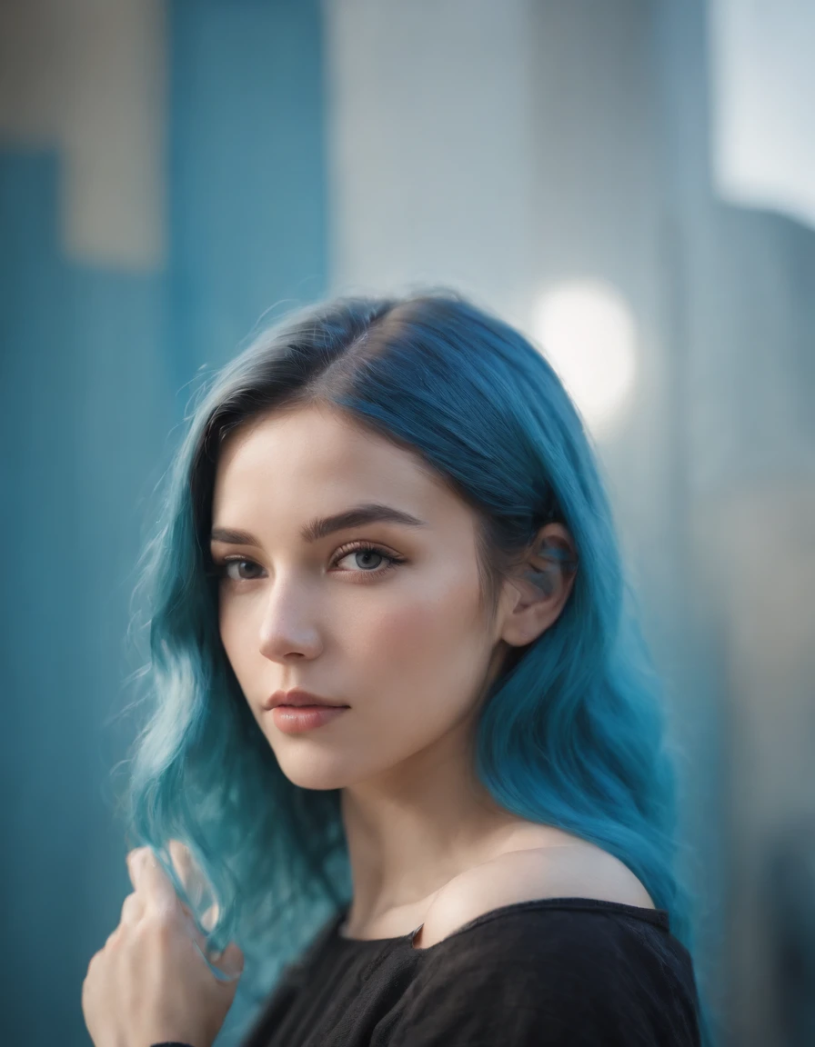 a young girl with blue hair on a blue background, in the style of multiple exposure, dark cyan and light amber, leica cl, uhd image, portraitures, golden light --ar 75:112 --style raw --v 5.1