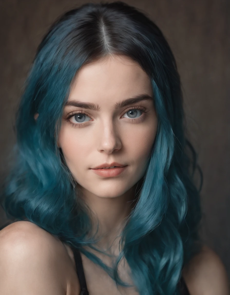 a young girl with blue hair on a blue background, in the style of multiple exposure, dark cyan and light amber, leica cl, uhd image, portraitures, golden light --ar 75:112 --style raw --v 5.1