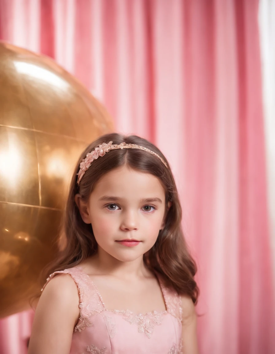  brunette girl in retro pink dress, pink curtain in the background, golden giant sphere next to it, medium close up, high quality photo