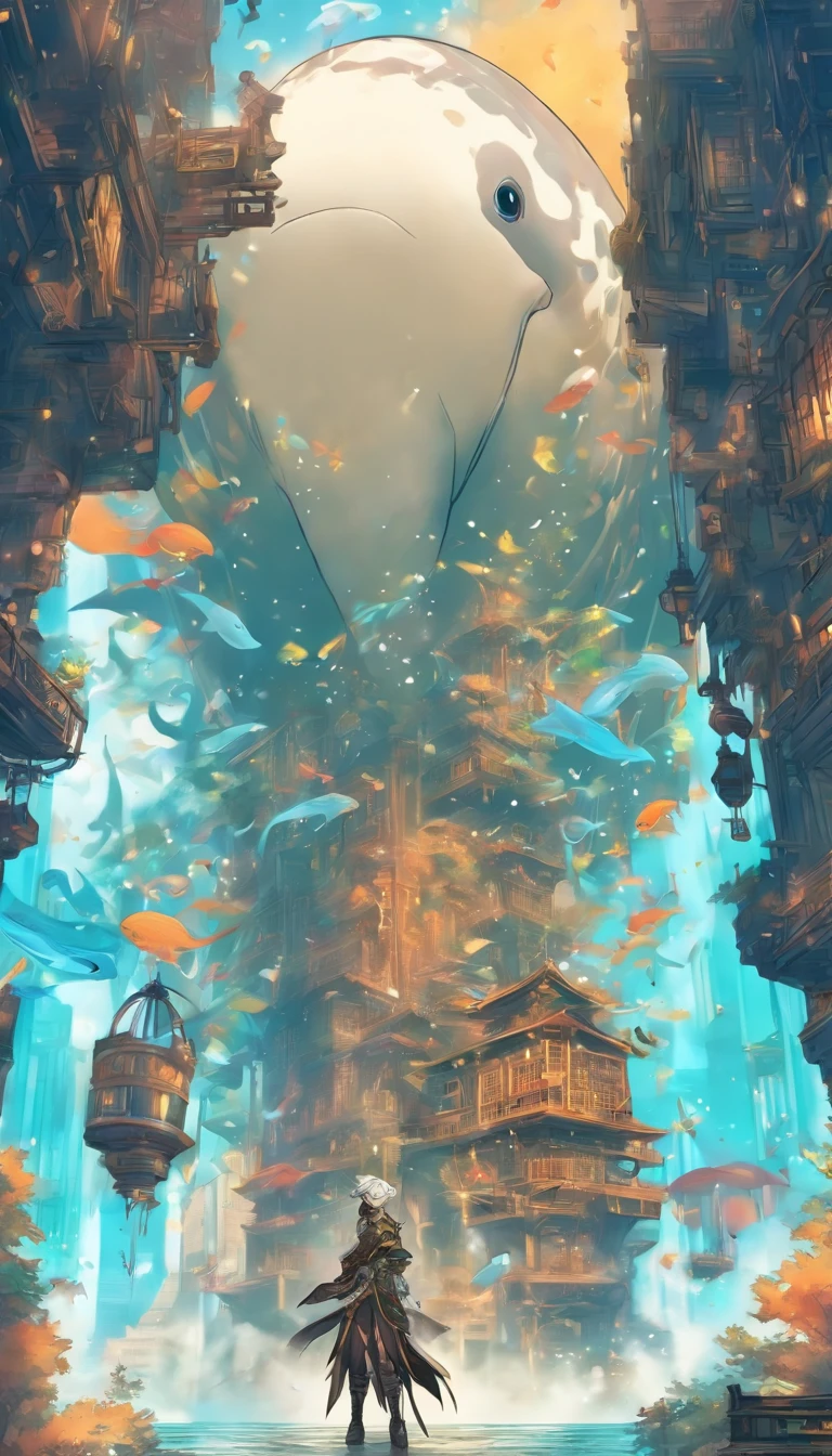 Chinese ink style,Steampunk world,Whale steampunk warframe girl,Jet steam is suspended in the city air,Ink animation art,Ink comic art,water ink,ink,Smudge,8K,Delicately portrayed,Works of masters