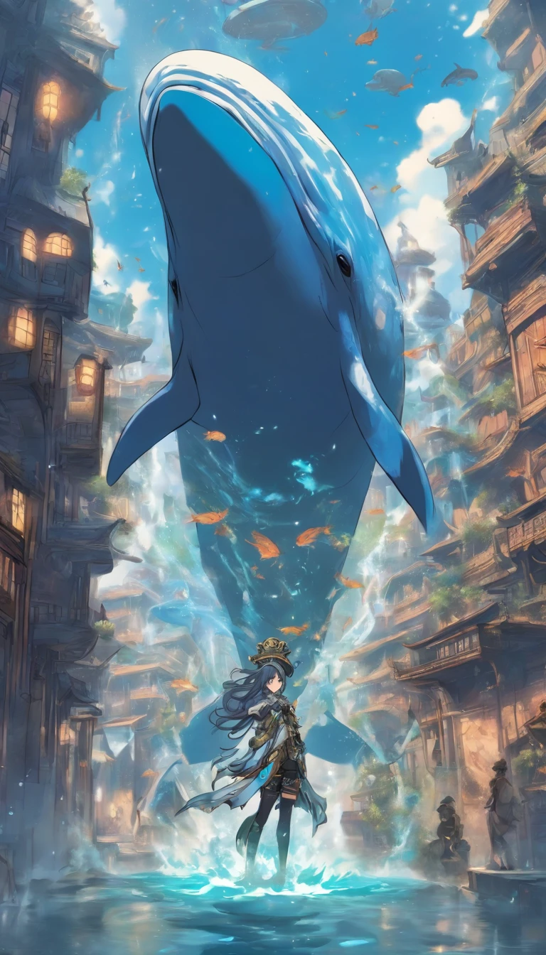 Chinese ink style,Steampunk world,Whale steampunk warframe girl,Jet steam is suspended in the city air,Ink animation art,Ink comic art,water ink,ink,Smudge,8K,Delicately portrayed,Works of masters