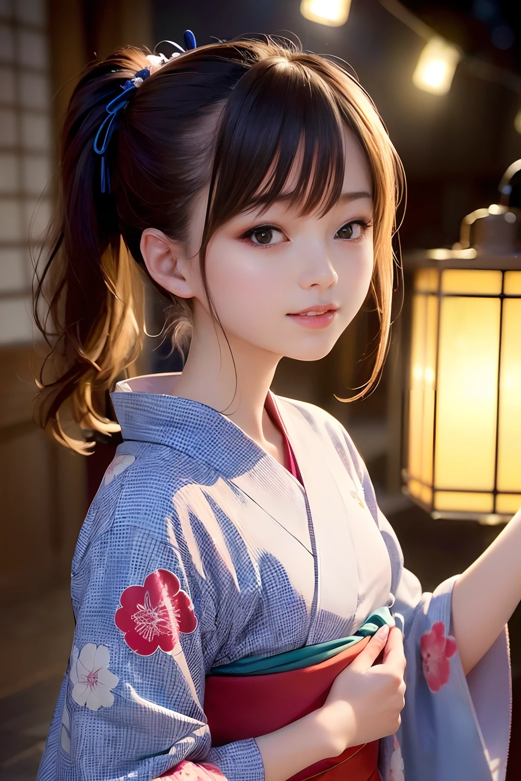 Upper body from the waist up、Are sleeping、nap、(Sleeping with your eyes closed)、(4In K、masterpiece、hight resolution、Realistic and beautiful light and shadow、One girl、Solo Focus、(top-quality)、(Hi-Res)、(extremely delicate and beautiful)、(Beautiful 8k face)、(Brown-eyed)、(I close my eyes while smiling.)、(独奏)、(Clear skin)、(Soft hair)、(hugetits)、(Plaid kimono, Red and blue floral yukata)、((Awa Odori Pose))、((Bokeh lantern light night background))、((speedo))、(reality)、thin and small nose、(red lipsticks)、(Reddening cheeks)、poneyTail、(Lustrous skin)、((Ukiyo-e style))、Ultra-thin eyebrows、Ultra high image quality、(Wearing maiko-style makeup)、skin whitening、long and beautiful lashes、Turning around in the style of a Kyoto magazine model、((s asleep))、Lustrous skin、(Red-dyed cheeks)