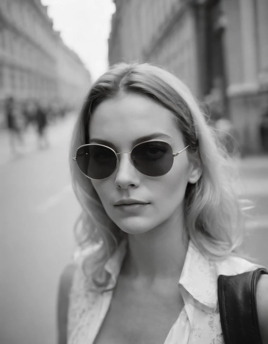 woman wearing sunglasses on street, in the style of ilford hp5 disposable camera, cityscape, white and azure, andy warhol, elsa bleda, olympus af-1 (aka olympus infinity), danish golden age