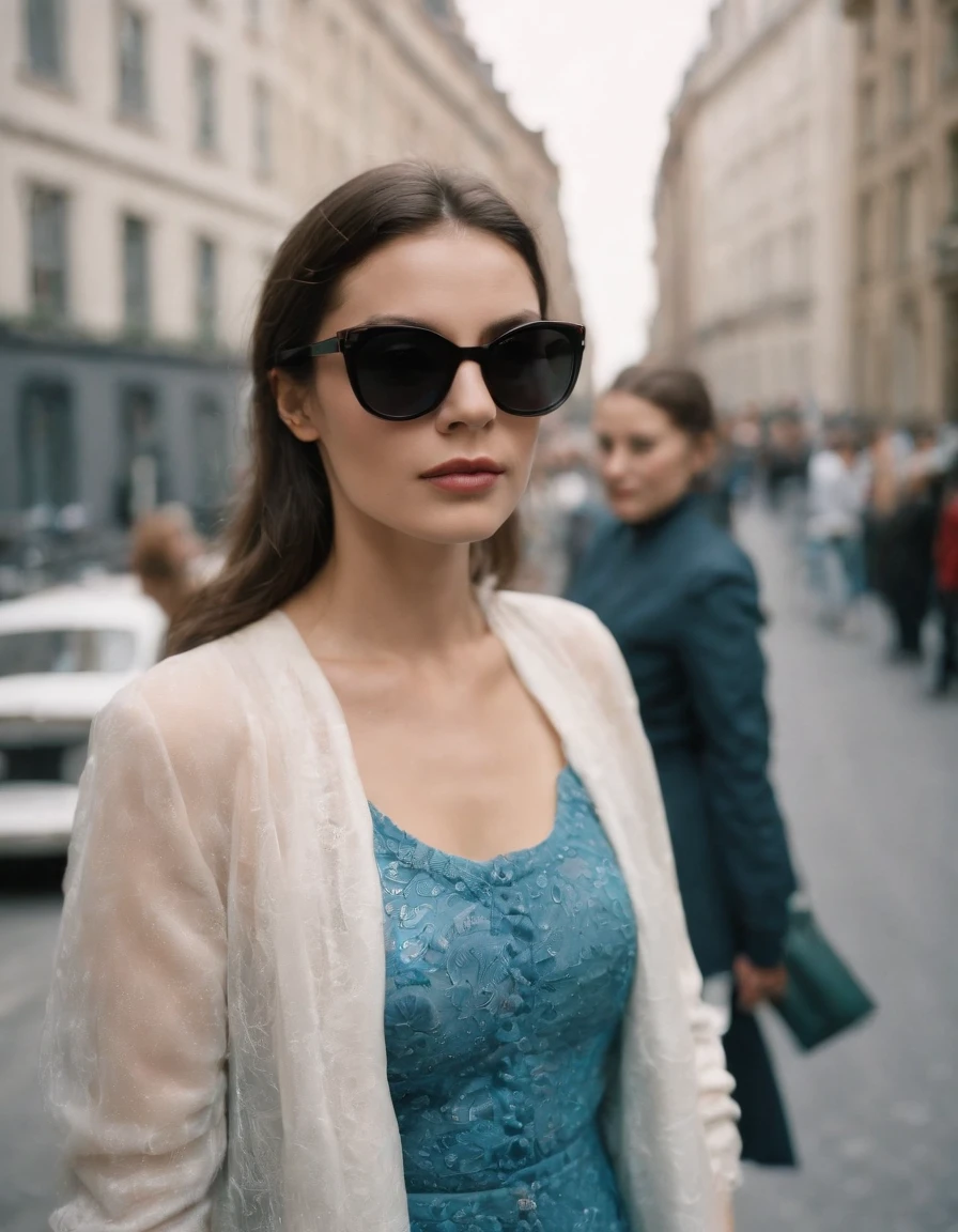 woman wearing sunglasses on street, in the style of ilford hp5 disposable camera, cityscape, white and azure, andy warhol, elsa bleda, olympus af-1 (aka olympus infinity), danish golden age