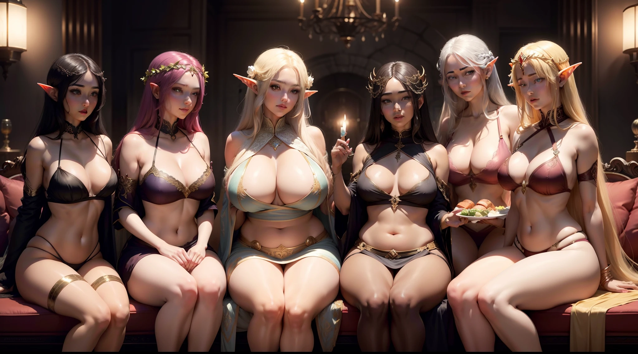 A number of alluring elven maidens, each donning a distinct hair hue, clad in revealing silk garments of different colors, their plump bellies and thick thighs charmingly exposed, casting a sensuous gaze upon the viewer, each maiden distinct from one another in temperament and form, as they recline, relaxing, in a richly decorated room, snacking lasciviously on pieces of food, amused and blushing