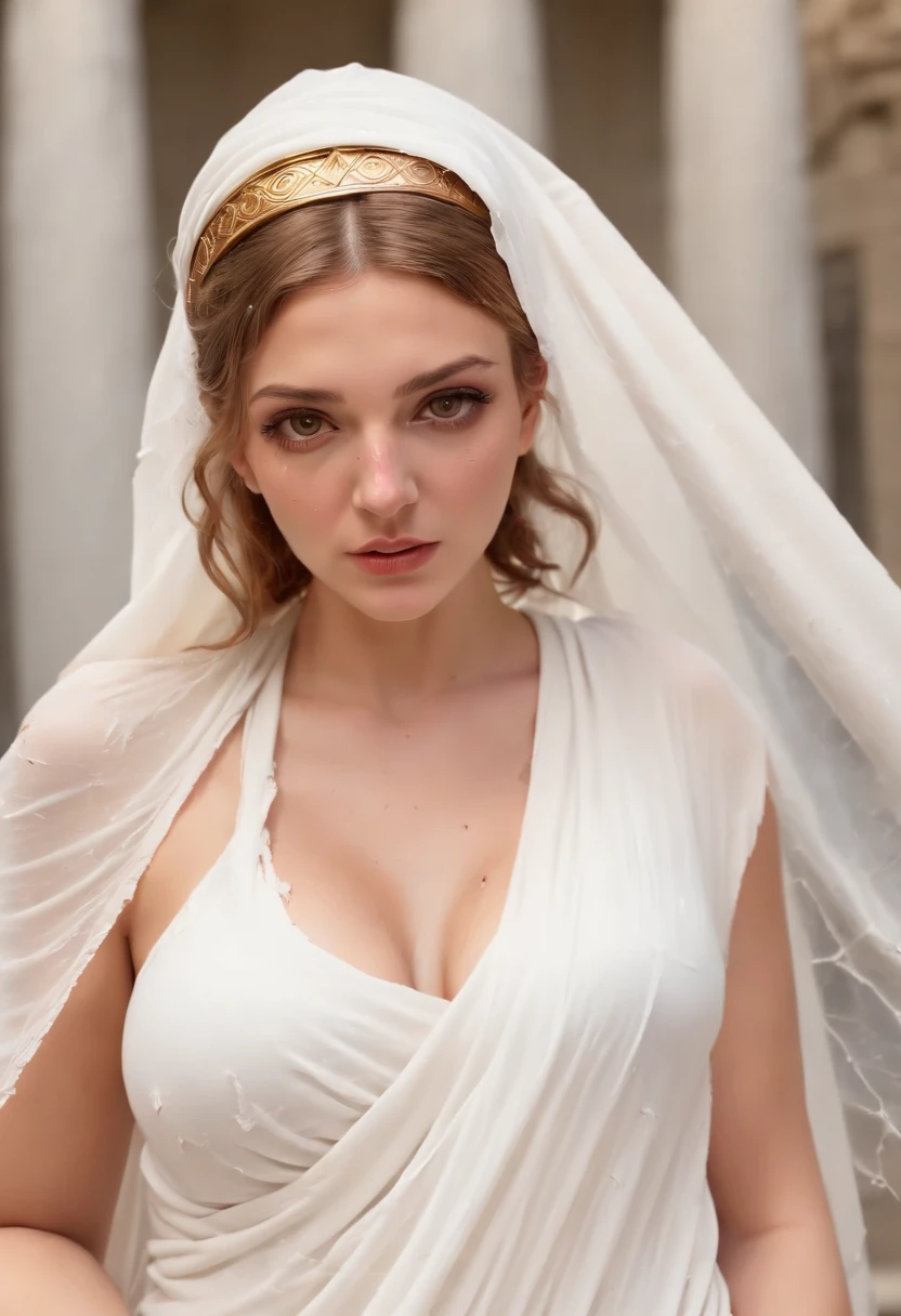 (masterpiece, best quality 16k, HDR), Greek goddess of hearth and fire, with ((dark blonde, dark red eyes)), is fair-skinned, (wears a torn long white greek toga and a torn white veil, ultra huge tits:2.0, realistic :2.0), looks mysterious and beautiful, inside of an abandoned broken ancient greek temple, "holy fire of vesta", Greek mythology, dark atmosphere, photorealistic, super high quality, super detail, ultra accurate description of hands, detailed face, detailed skin texture,