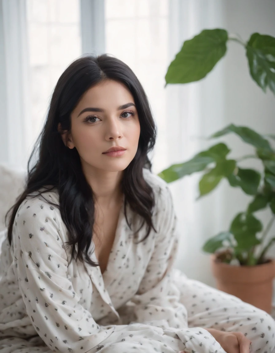 woman sitting long black hair, woman dressed in Pajamas clothes on her room , window background, plants, natural lighting, cloudy day, side shot, half length shot, high quality photo.