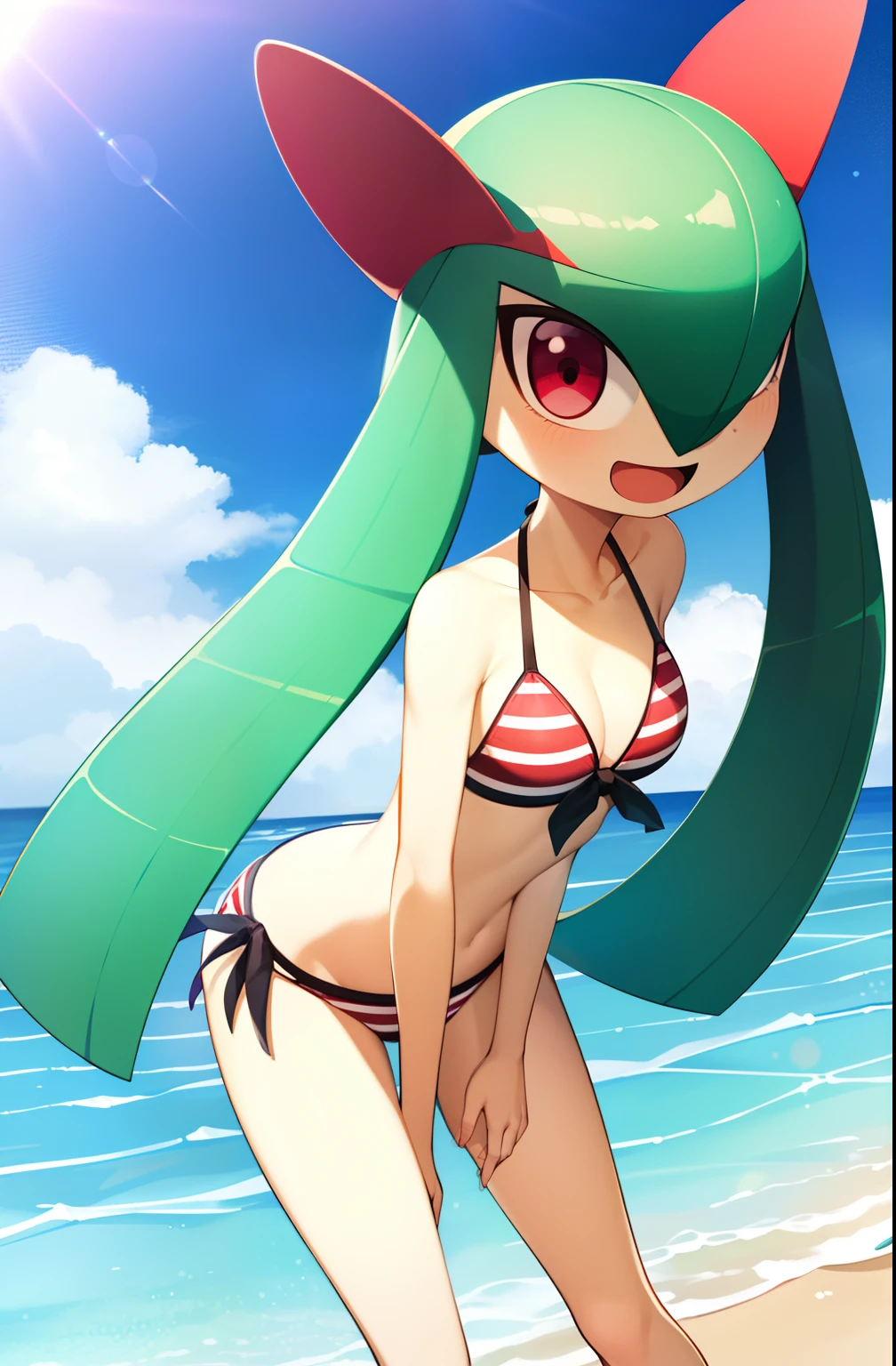 obra maestra, mejor calidad, 1 girl in, solo, kirlia, cabello azul, shiny kirlia, ojos rojos, en un yate, riendo, bikini, bikini de dos piezas, senos grandes, senos femeninos grandes y redondos, (((embarazada))), bikini rojo.