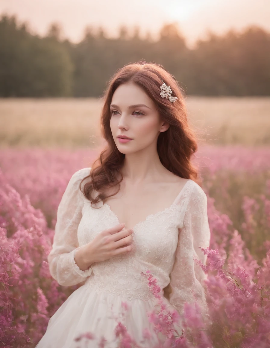 Meadows, in the style of ethereal portraiture, light white and light magenta, celebrity photography, album covers, barbiecore, crisp and delicate, light yellow and light magenta.