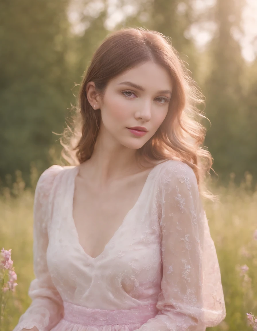 Meadows, in the style of ethereal portraiture, light white and light magenta, celebrity photography, album covers, barbiecore, crisp and delicate, light yellow and light magenta.