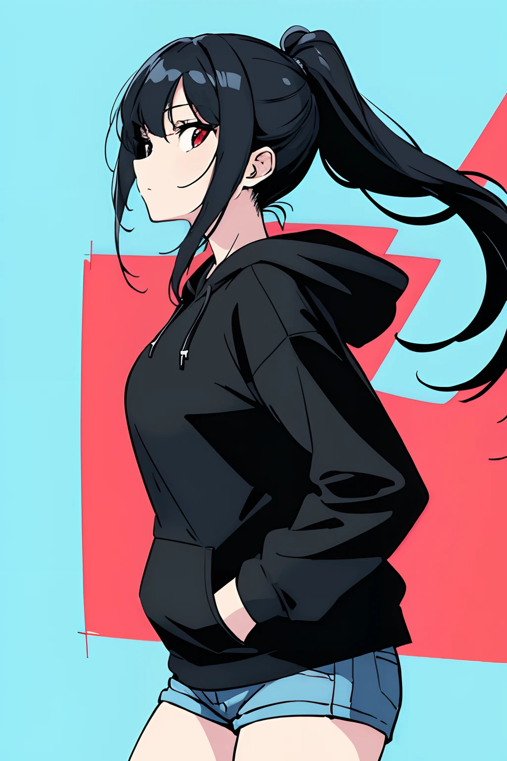 (masterpiece:1.3), (the best quality:1.2), (super fine illustrations:1.2), (Masterpiece), high quality, high detail, ((unparalleled masterpiece, best quality, perfect artwork)),
high contrast, flat color, splashes of color, colors mashing, Colorful paint explosion pattern, long ponytail hair, big breasts size, black hair, red eyes, looking at another,
[(pale blue background:1.1)::5], [(game character portrait:1.2):5], (falling over:1.2), falling down, (tripped), {hands hidden}, {{{hands in pockets}}},{{hands in sleeves}}
stumble, from side, black hoodie, jeans, make hands close, (illustration:1.2), very wide shot, (line drawing:1.2), {{on ly five fingers}}
