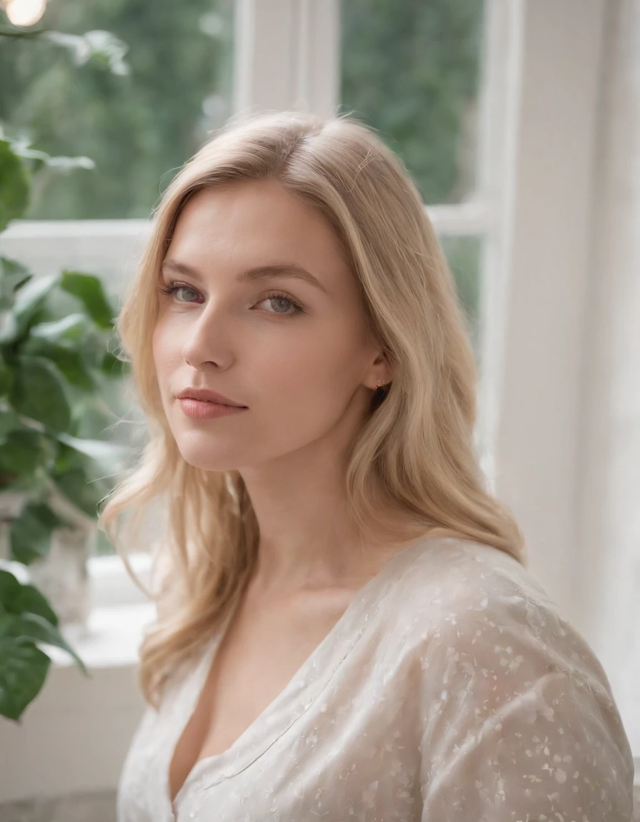 frau sitzt langes blonden haar, Frau in Pyjamakleidung auf ihrem Zimmer , Fensterhintergrund, Pflanzen, natural lightting, cloudy day, Seitenschuss, Half-length recording, Hochwertiges Foto.