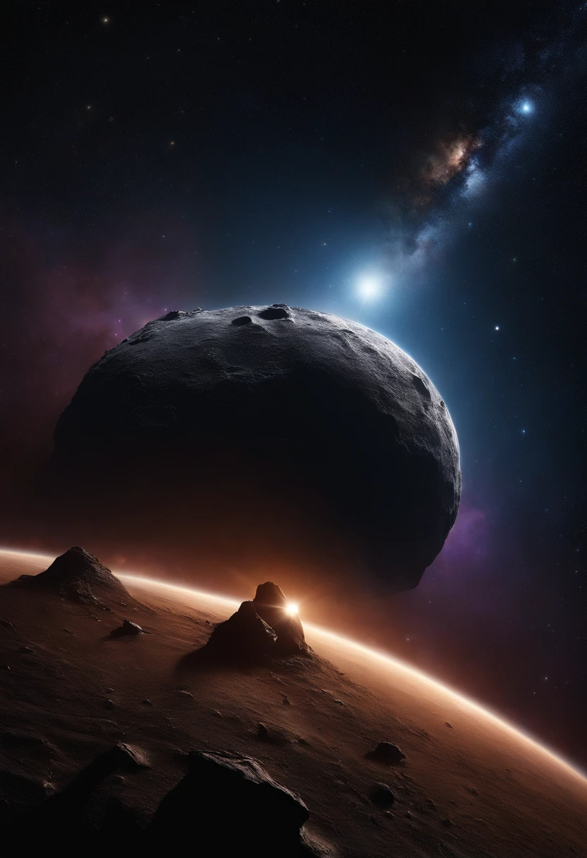 An asteroid chained dragging a star, logo
Description: A powerful and visually striking image of an asteroid chained to a star, symbolizing both the force of nature and the limitless power of the universe. The logo features a highly detailed and captivating depiction of this cosmic scene.

Tags: asteroid, star, chain, powerful, force of nature, universe, cosmic scene, detailed, captivating, logo

Material: Digitally rendered artwork

Additional details: 
1. The asteroid should be realistically textured with rough and jagged edges, conveying its rugged and powerful nature.
2. The star should be vibrant and radiant, shining brightly in the cosmic backdrop.
3. The chains should be intricately designed, showcasing their strength and solidity as they connect the asteroid to the star.
4. The cosmic scene should be filled with dynamic energy, with stars and galaxies in the background to add depth and dimension to the image.

Image quality: (best quality,4k,8k,highres,masterpiece:1.2), ultra-detailed, (realistic, photorealistic, photo-realistic:1.37), HDR, UHD, studio lighting, extreme detail description

Art style: Concept artists with a touch of sci-fi

Color tone: A mixture of deep blues and vibrant purples to represent the vastness of space and the mysteriousness of the scene

Lighting: Intense and dramatic lighting, with a strong focus on the star and the asteroid, casting deep shadows and creating a sense of awe and wonder.