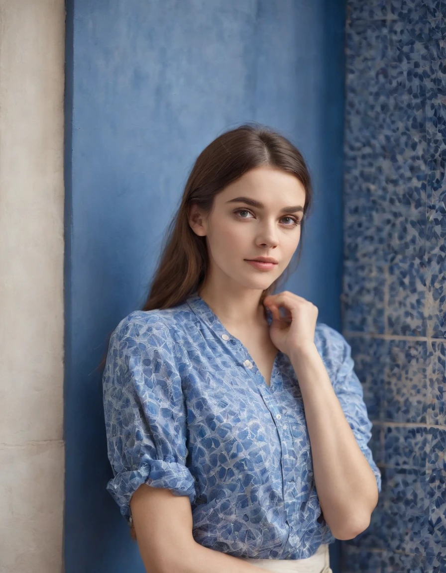 young woman dressed from the 80s, casual mood,blouse tied in front, leaning against blue tiled wall, sunny day, half length shot, vibrant colors