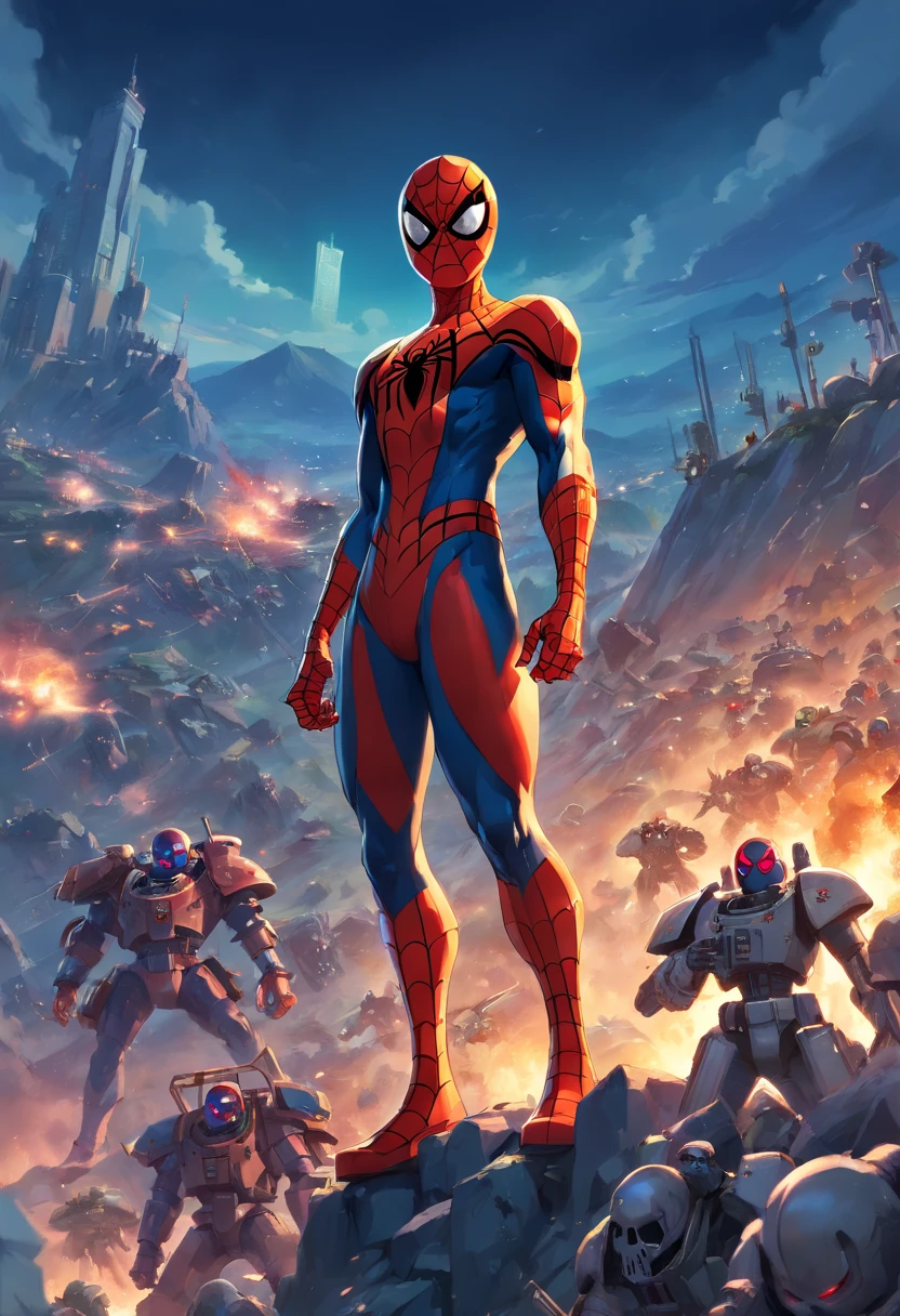 Spiderman as a 40k space marine,warhammer 40k era,high quality,blurred background,standing on a mountain of skulls