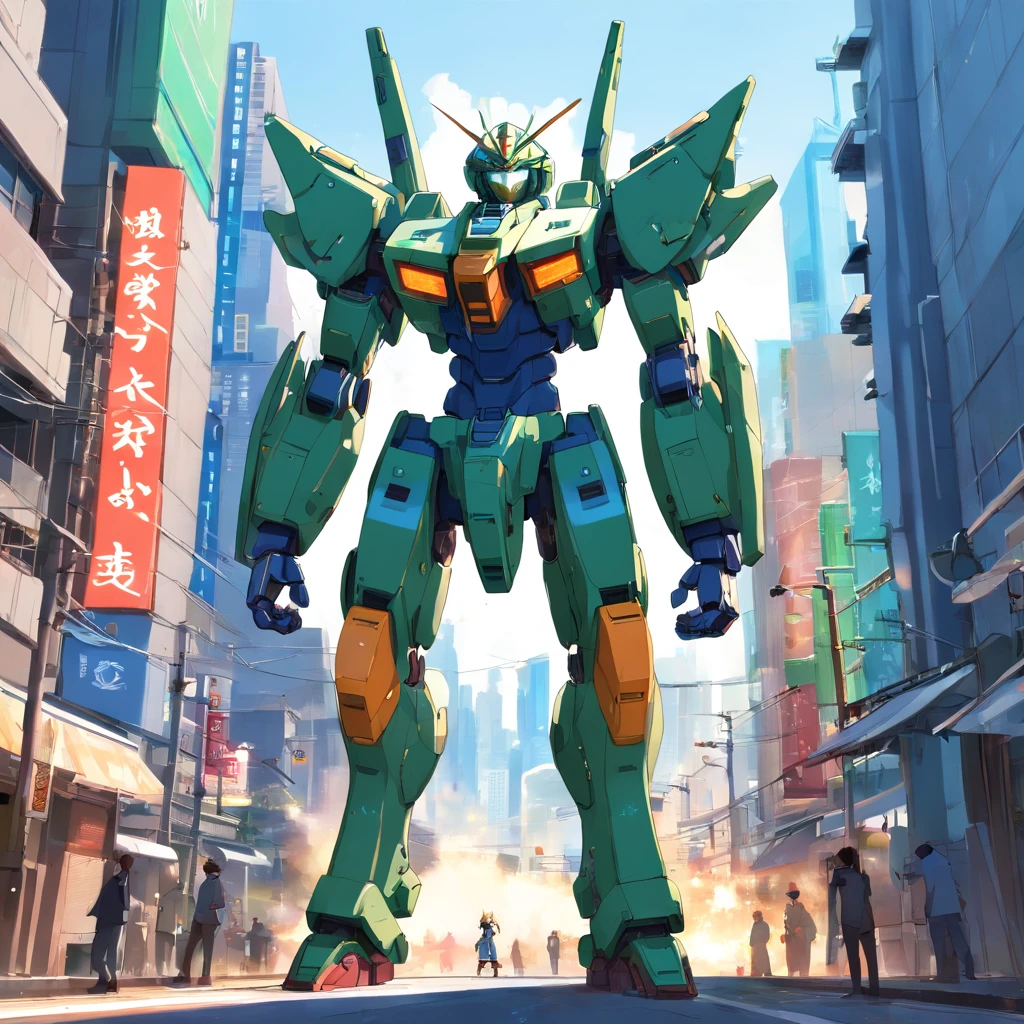 Small robot with resemblance to SD-Gudan, mais detalhes de verde na armadura olhos acesos, no campo ambiente Dragon Ball Z, luz do dia, sky with white clouds, em efeito de pixels parecendo foto de um jogo de Super Nintendo.