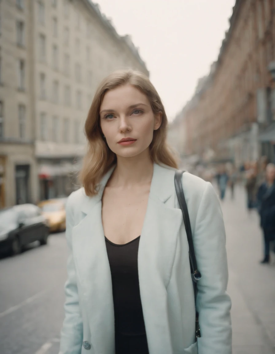 woman on street, in the style of ilford hp5 disposable camera, cityscape, white and azure, andy warhol, elsa bleda, olympus af-1 (aka olympus infinity), danish golden age