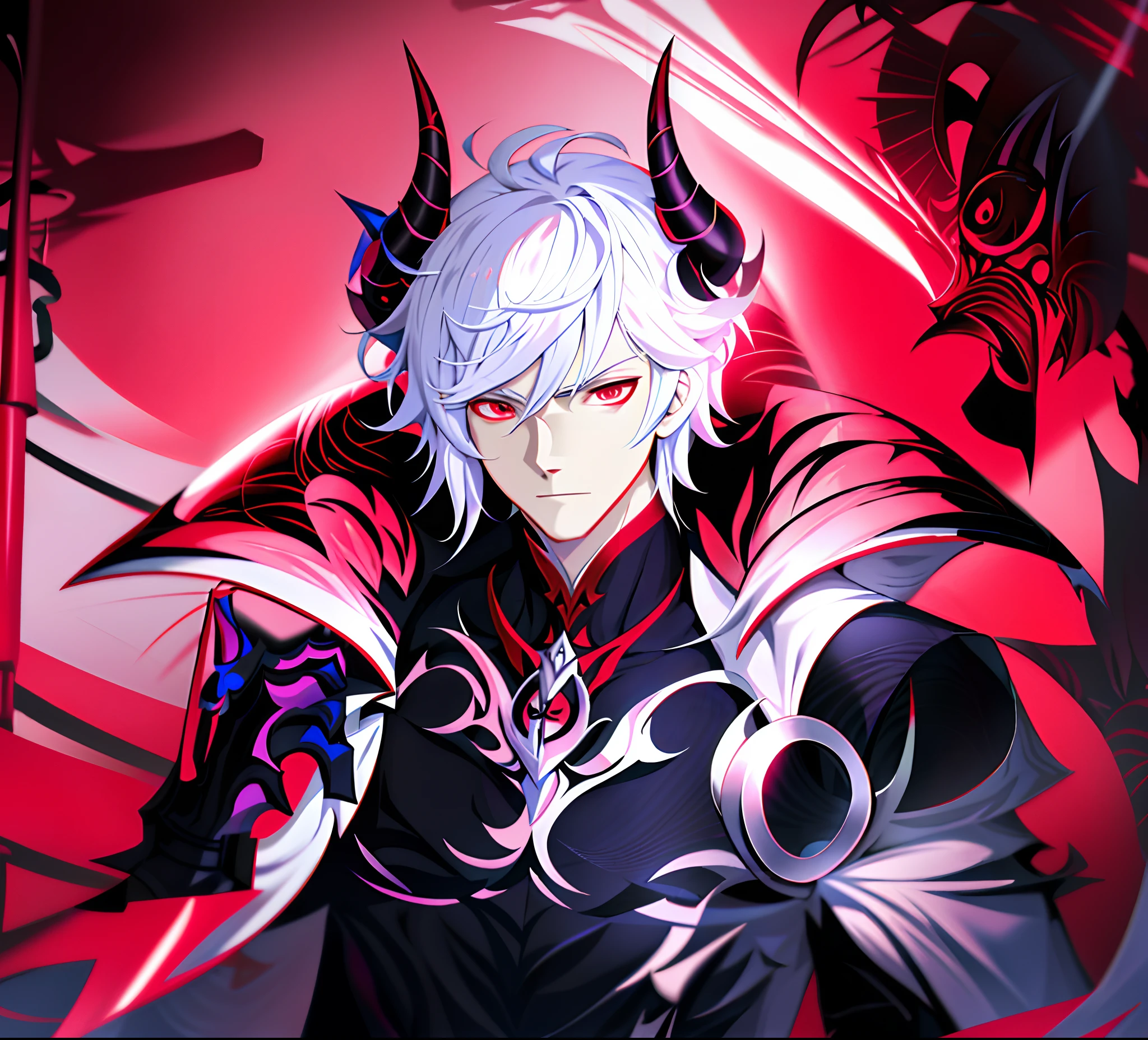 anime character with white hair and armor holding a sword, pink eyes, keqing from genshin impact, zhongli from genshin impact, genshin impact character, by Yang J, genshin, casimir art, genshin impact, official character art, video game genshin impact, demon male, aion, loong, key anime art, the former demon king, detailed face, 4k art, art hd, hd art, detailed eyes, black horns