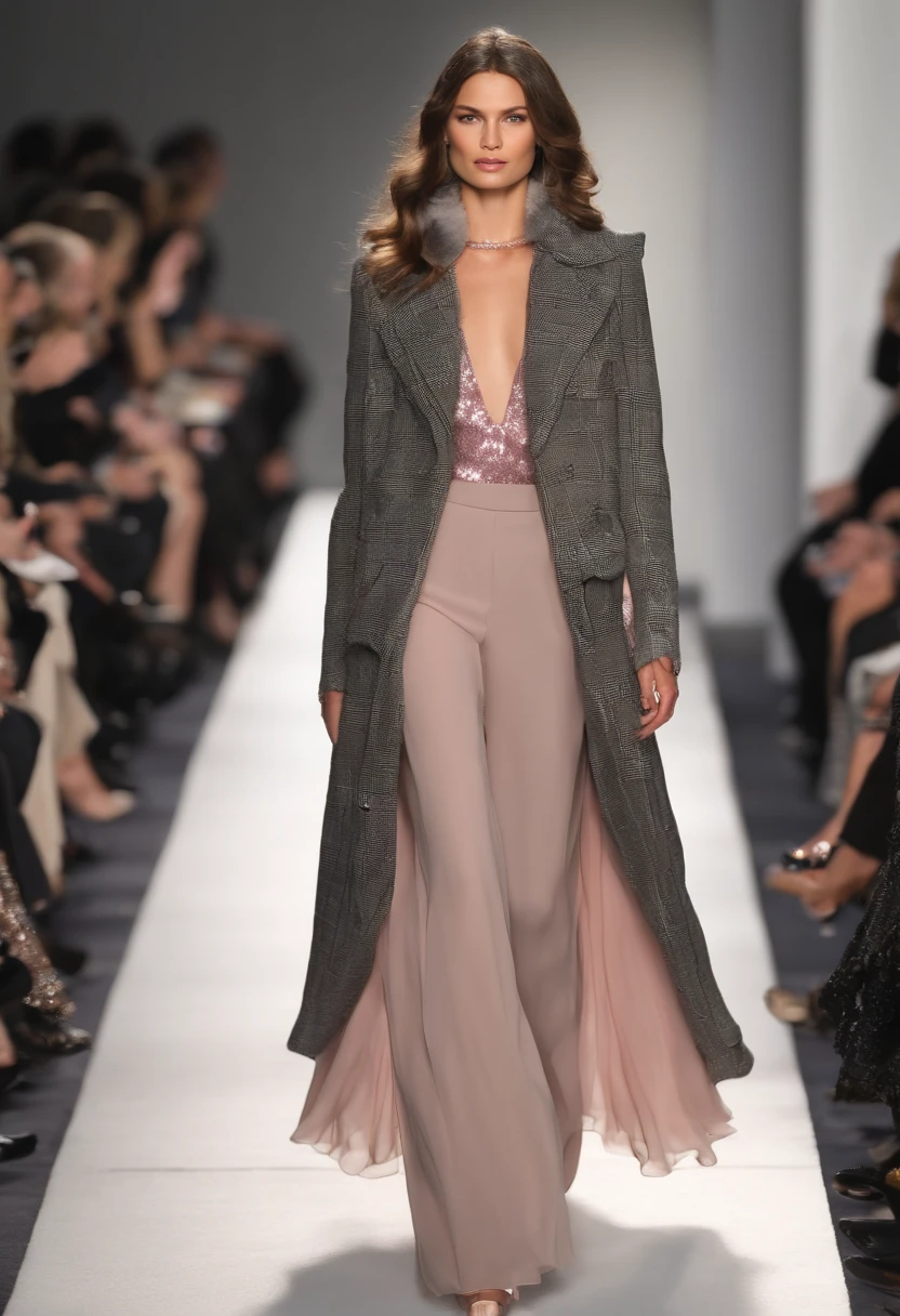 Autumn and winter catwalks,Vintage fur vest,Gray checked suit,Chiffon ruffled pink sequin maxi dress,flowing shimmering fabrics,Gray top with wide-leg pants,Subtle beige tones,Inspired by Ralph Lauren