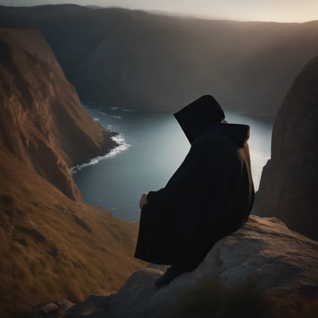 Sitting on a cliff,Look up into the distance,A ager with his hands on his knees, Wear a black hood and black trench coat, The time is dusk, god light, symetry, first person perspective