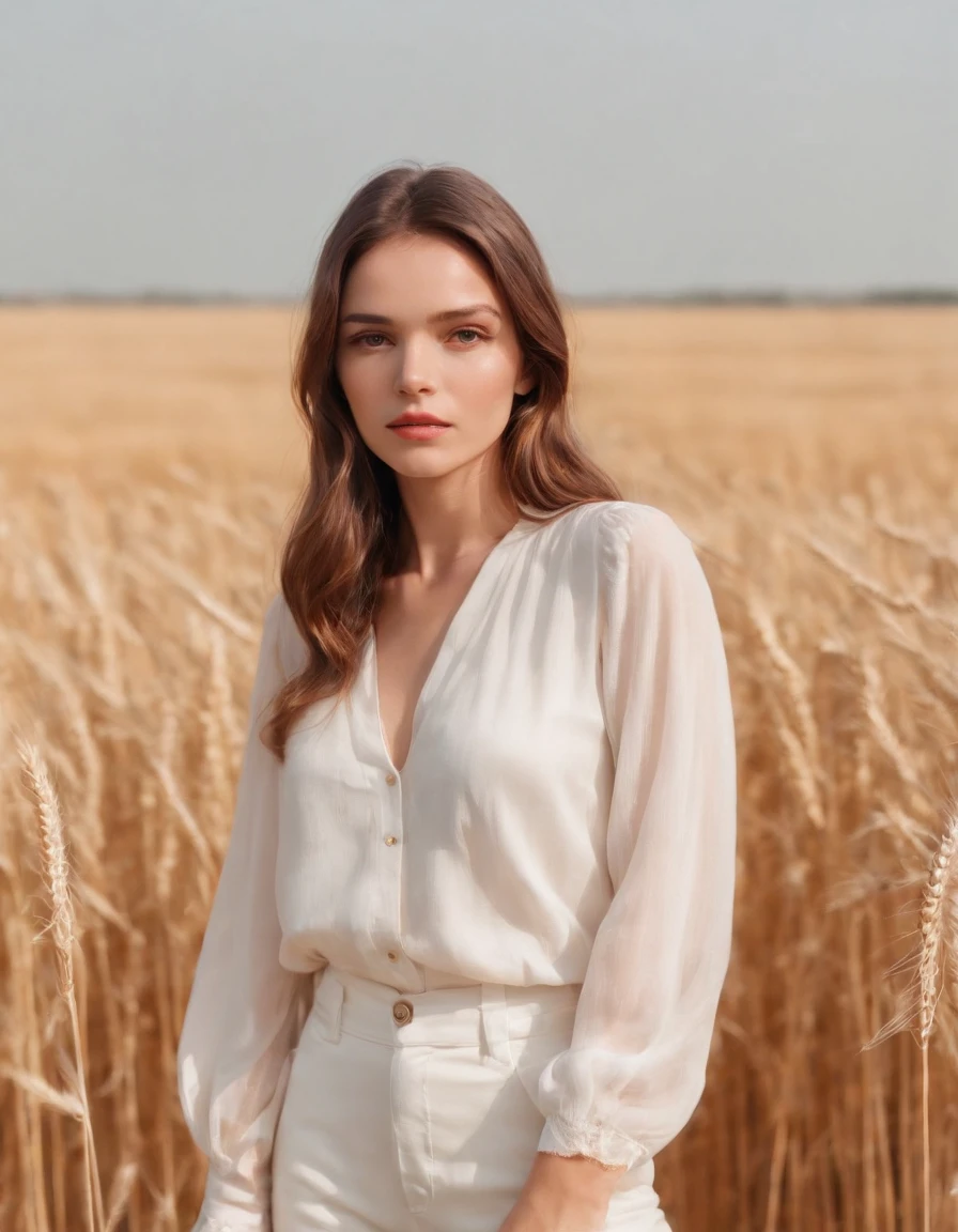 a woman in a white blouse and pants standing in a wheat field, in the style of gossamer fabrics, asymmetrical balance, y2k aesthetic, luminous hues, flowing fabrics, anja millen, kitsch and camp charm.