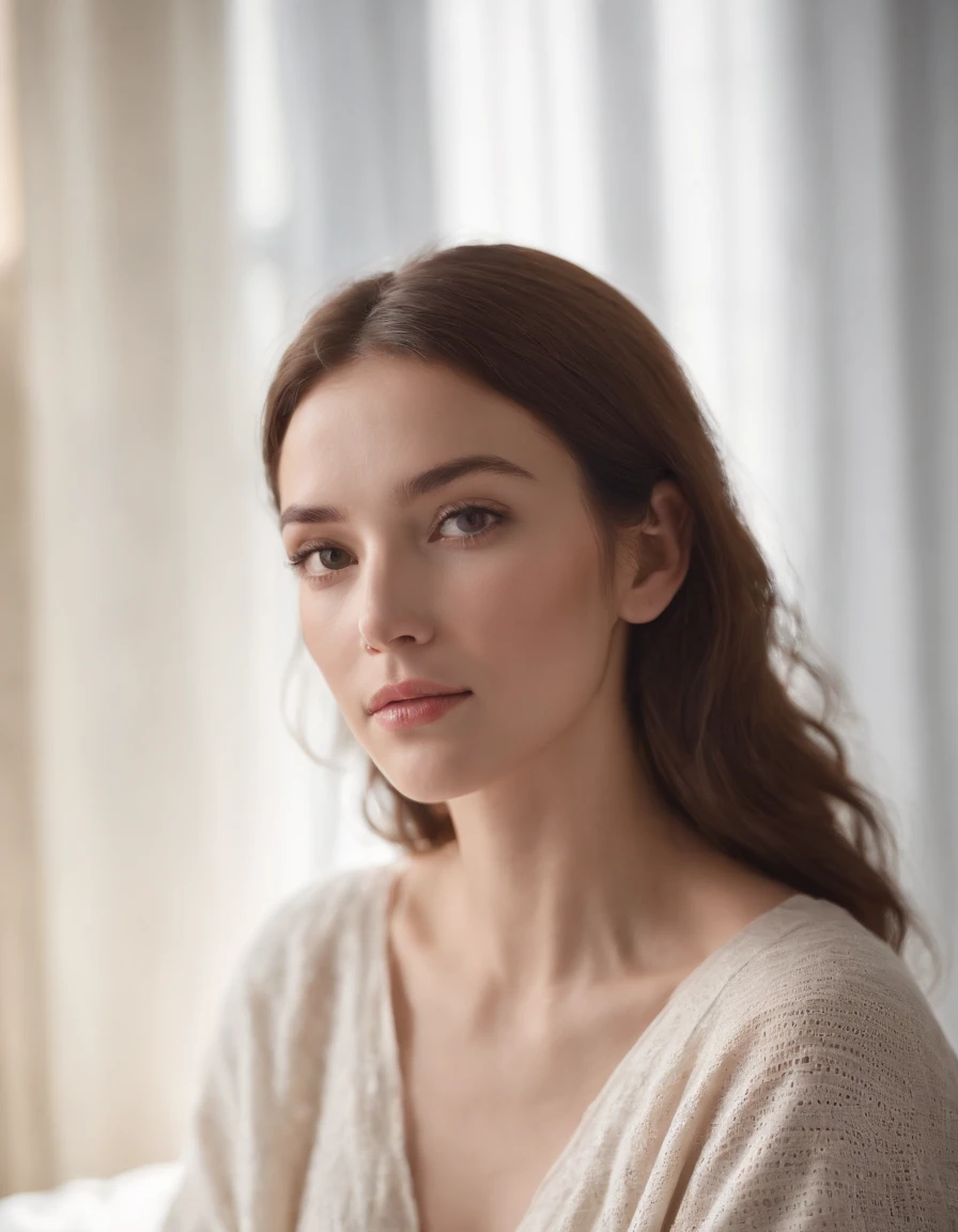 Woman wearing light blanket top, natural sunlight, close-up, light colors, bokeh style, super fine detail style, high quality photo, in bedroom