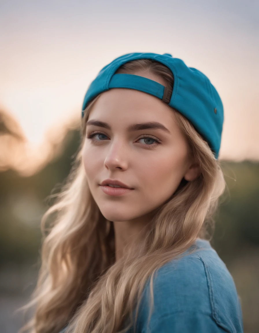 Una joven con cabello azul,with baseball cap,sobre fondo azul, in the multiple exposure style, Dark cyan and light amber, Leica CL, Imagen UHD, Retratos, Luz dorada --AR 75:112 --estilo raw --v 5.1