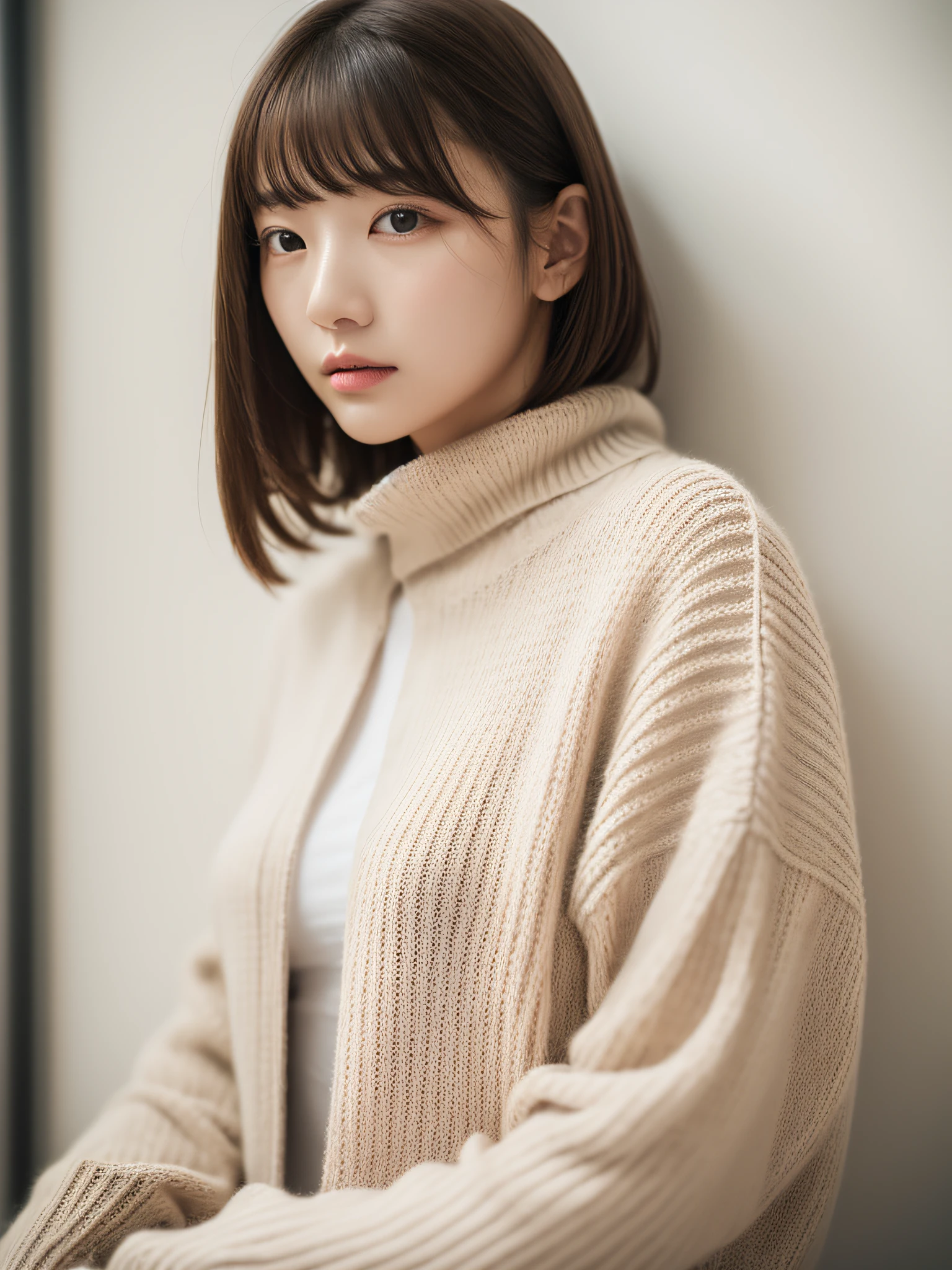 top-quality、masterpiece、hight resolution、1girl in、独奏、Raw photo、Real person、Detailed skin、japanes、brawn hair、thin bunches of bangs、Medium Hair、Floating hair、fullllbody,Sweat knitwear、White Room、catchlight、white walls