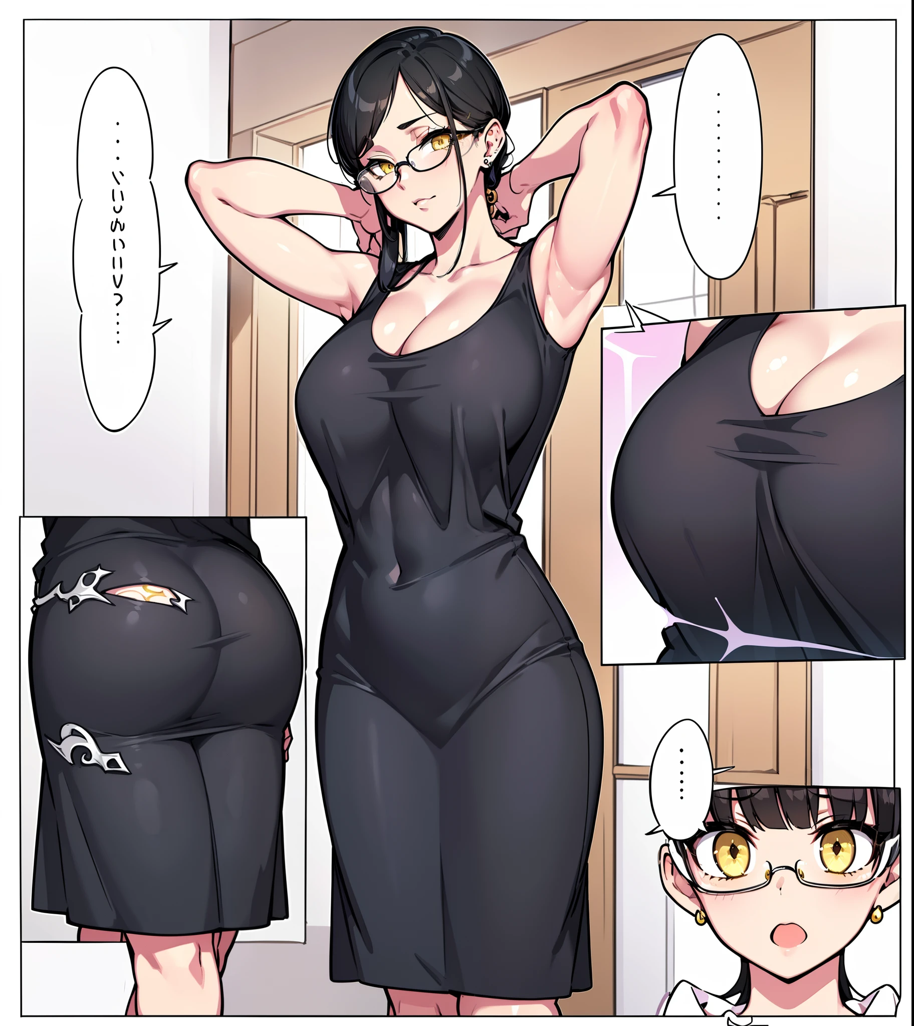 masterpiece,(bestquality),highlydetailed,ultra-detailed,{black hair} (long whitr hair)(Lateral hair)(Shawl hair)(hair straight)，(glasses),(Yellow eyes),fleshy feeling，fleshy legs,, 1girl, black hair, breasts, brown eyes, cleavage, comic, dress, earrings, jewelry, large breasts, speech bubble, thought bubble