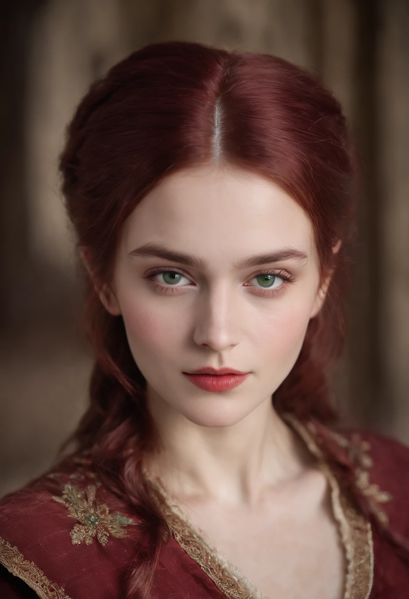 (((a deep reddish wound crosses her left cheek))) fair complexion, woman around 19 years old, natural white hair, distinctive green eyes, wearing kohl, slender and graceful, beautiful, candlelight in a medieval setting, ultra sharp focus, realistic shot, medieval female clothes, tetradic colors (scar:1.4)