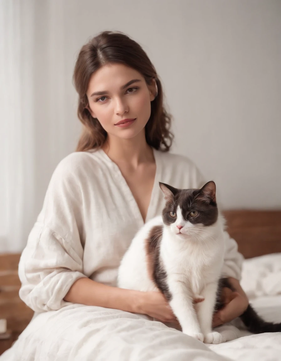 woman dressed in comfortable clothes on her bed with her cat, 80s style, half body shot, high quality photo.