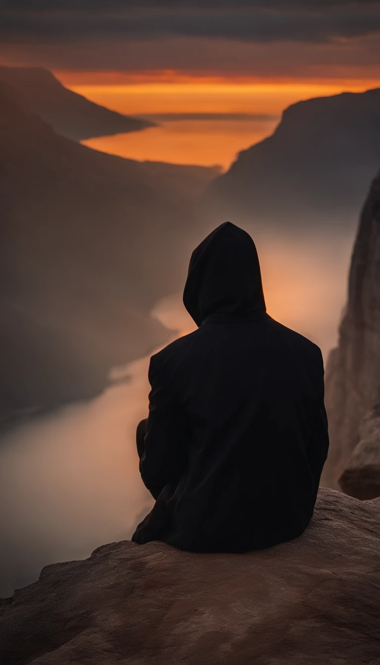 Sitting on a cliff,Look up into the distance,A teenager with his hands on his knees, Wear a black hood and black trench coat, The time is sunset, god light, symetry, first person perspective