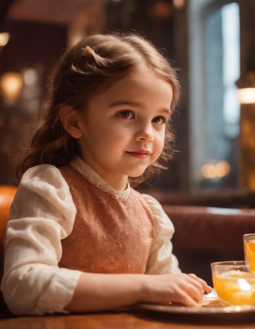 happy girl in retro restaurant, back lighting, medium shot, high quality photo