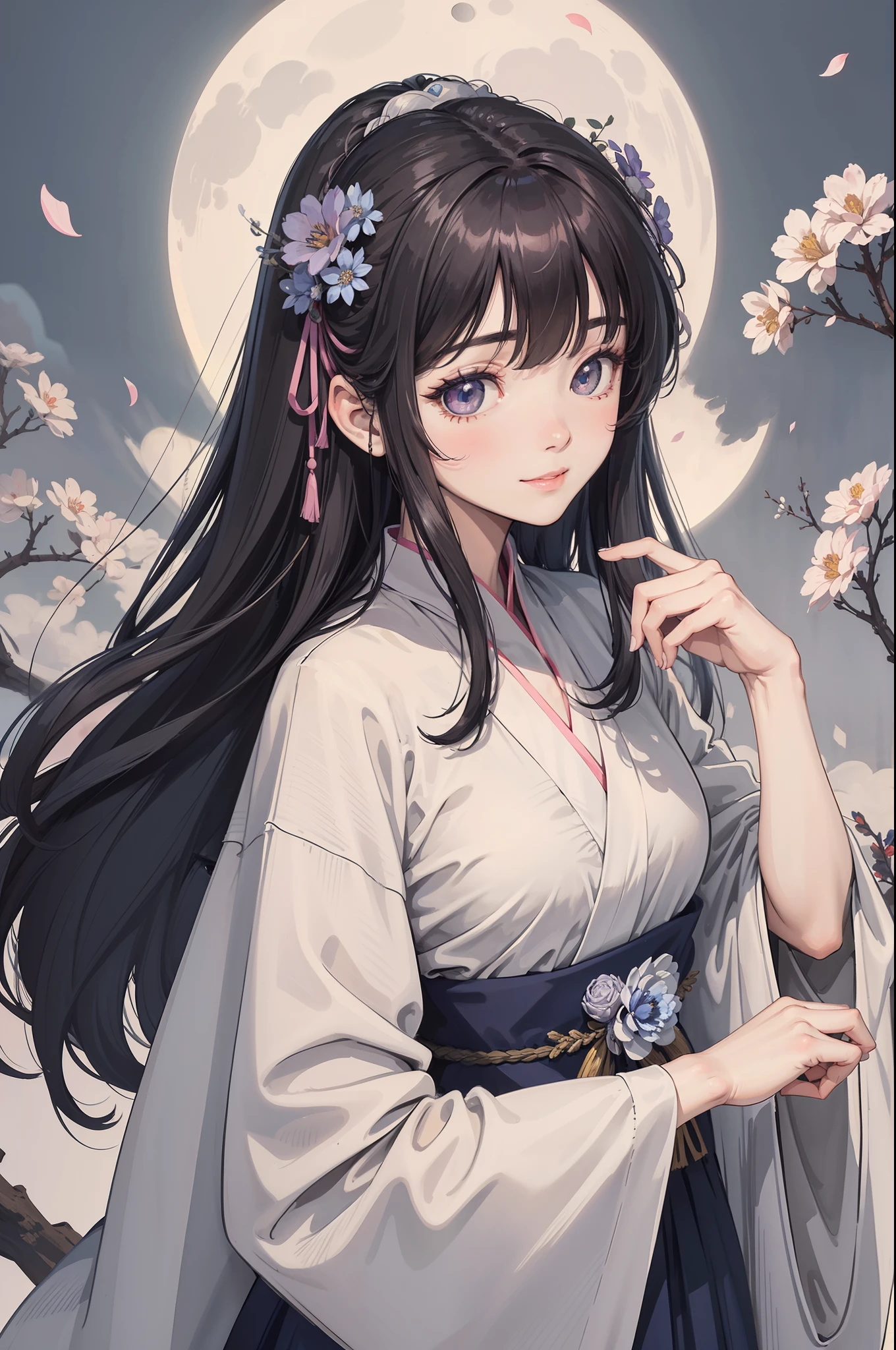 8K, Masterpiece, Best quality, Night, full moon, 1 girl, Korean style, Mature woman, sister, white long haired woman, Long hair, Light pink lips, calm, logical, bangs, Gray pupils, wearing a blue flower on the head, No background, petal dancing, Delicate face, Close up, face zoom, Detailed face, Detailed eyes, view the viewer, close to viewer, fake smile, lite smile, Full head, no cuts, Full hair, Straight head, Every part of the upper body is visible, There are no hands in the shot