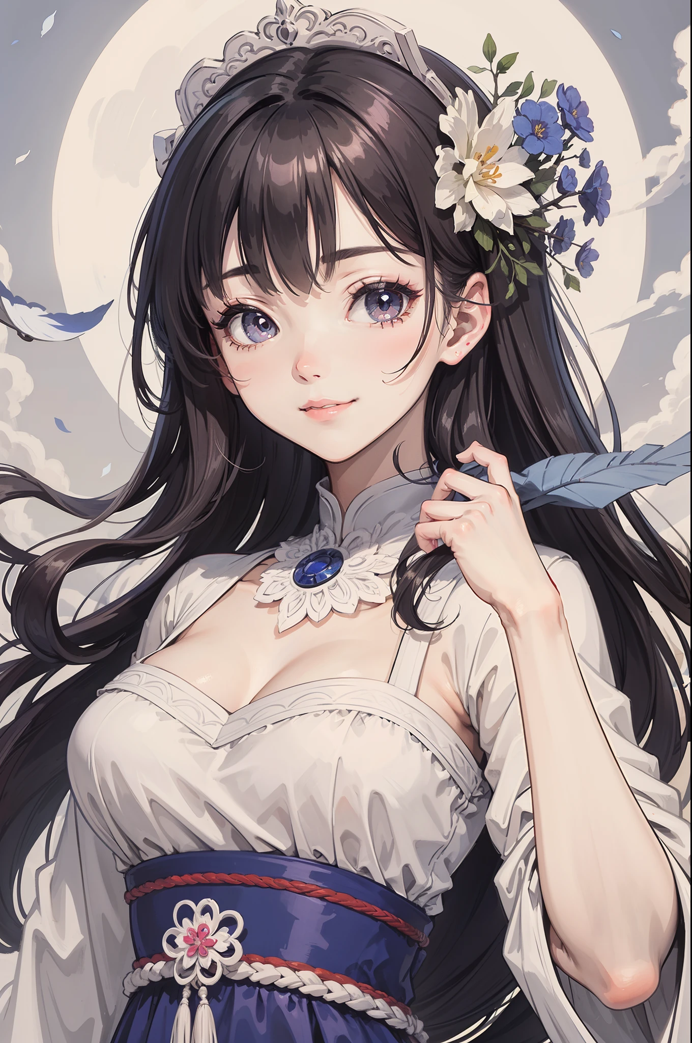 8K, Masterpiece, Best quality, Night, full moon, 1 girl, Korean style, Mature woman, sister, white long haired woman, Long hair, Light pink lips, calm, logical, bangs, Gray pupils, wearing a blue flower on the head, No background, petal dancing, Delicate face, Close up, face zoom, Detailed face, Detailed eyes, view the viewer, close to viewer, fake smile, lite smile, Full head, no cuts, Full hair, Straight head, Every part of the upper body is visible, There are no hands in the shot