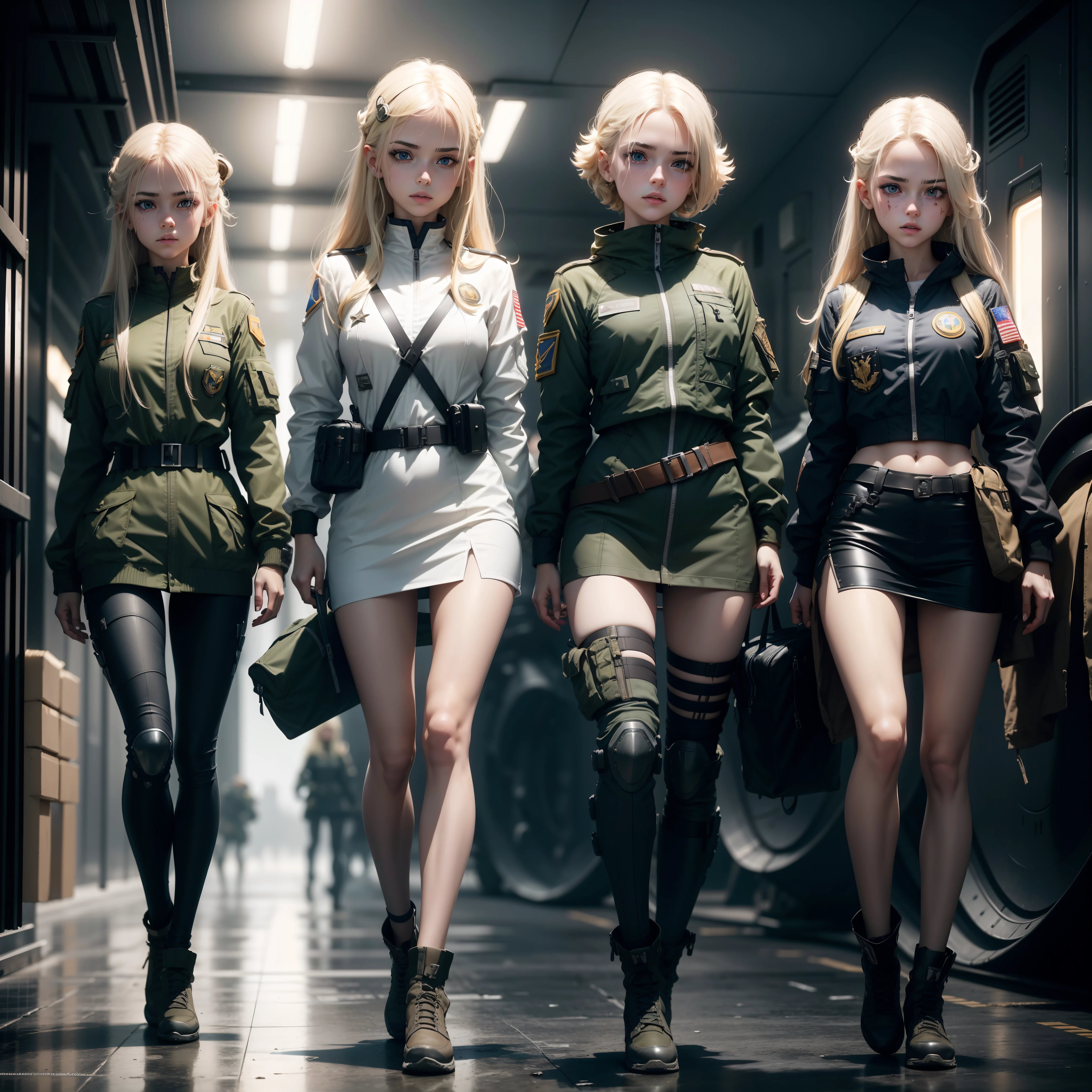 Three Ukrainian girls boarding a fighter plane , Ukrainian anime girls , , Ukraine ,  Full body composition of young girl with messy bright blonde hair, eye make up, ,  Soft lighting, Solo, Old torn dirty shabby futuristic military uniform, badges, Pose, Blotch color, Octane Render, Hyperrealistic intricate detail, Cinematic, 8K resolution, 70mm, Accent Lighting, Global Illumination, Full body portrait, clean detailed faces, intricate clothing, Cute face, flat chest, Slim waist, Slim legs, small hips,Pilot's clothing,Holding a fighter helmet in his hands,