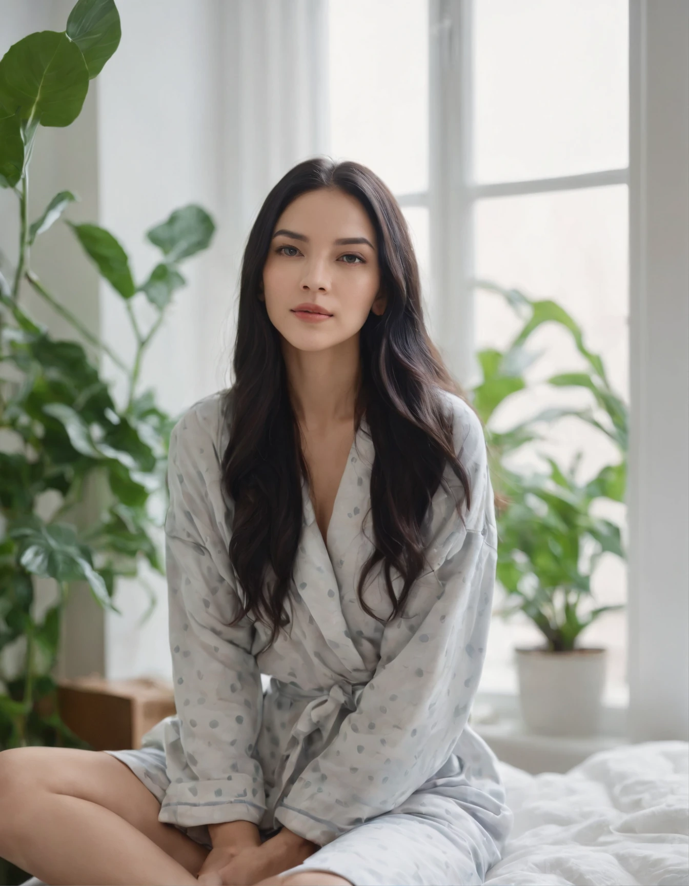 woman sitting long black hair, woman dressed in Pajamas clothes on her room , window background, plants, natural lighting, cloudy day, side shot, half length shot, high quality photo.