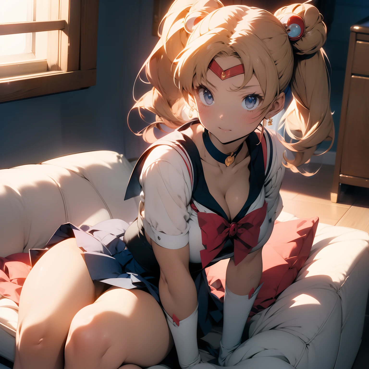 (masterpiece),(sailor moon) best quality, full-body shot, expressive eyes, perfect face, 1girl, medium breast, good breast, beautiful, gorgeous ,round breast, sitting on a couch, blonde girl, medium shot, indoors, lab, cleavage, aausagi, double bun, twintails, parted bangs, circlet, jewelry, earrings, choker, red bow, white gloves, elbow gloves, blue skirt, feminine, blushing, Serena from "sailor moon", masturbation from below, Grab your own breasts, One girl, sit on the floor, Spread your legs, Raise your legs