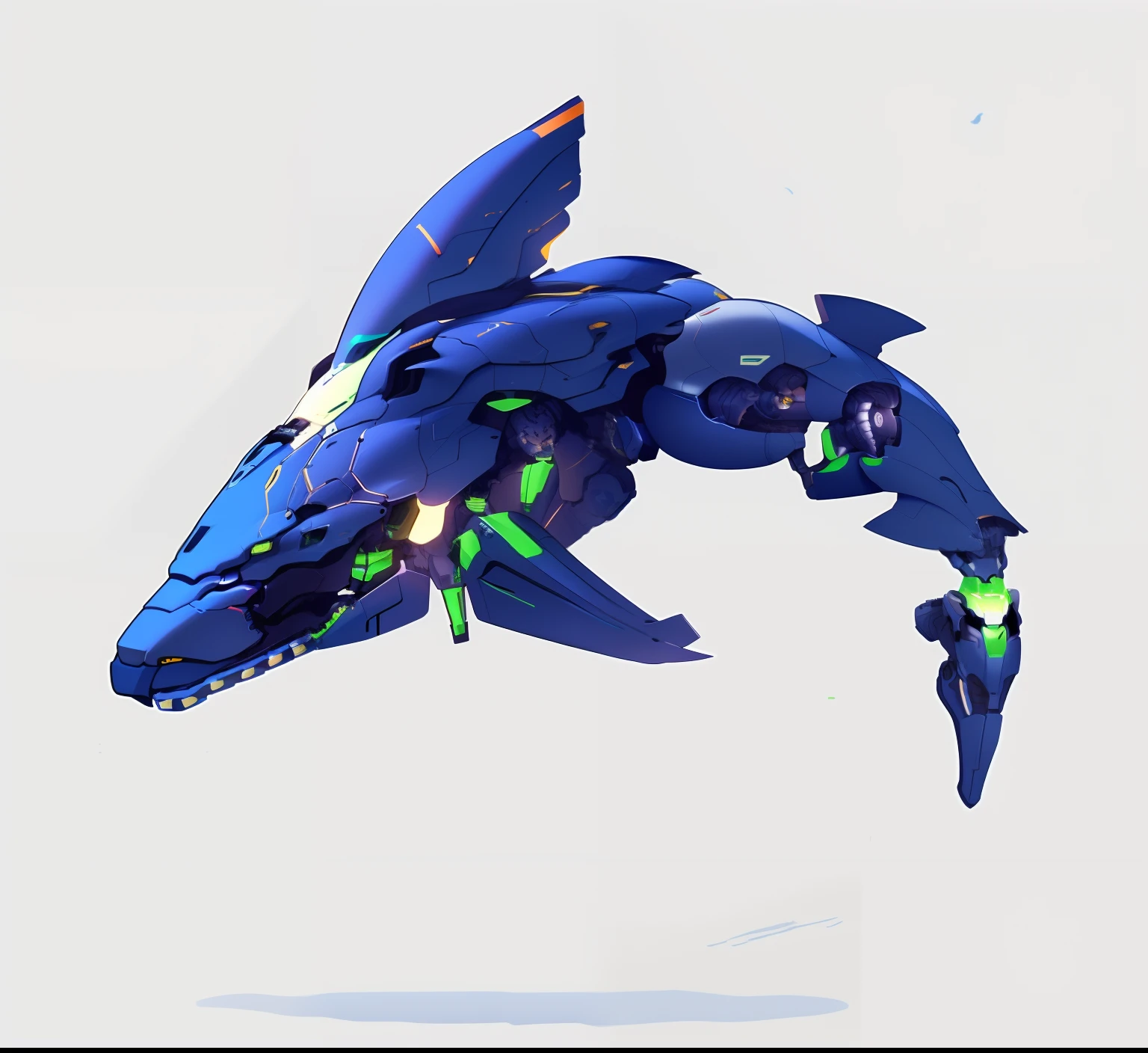 There is a blue-and-white green-eyed robotic shark, robotic anthro dolphin, mecha animal, male robotic anthro dolphin, cyborg whale, mech shaped like a manatee, seapunk mecha, pterodactyl mecha, dialga the pokémon, concept art of omegamon, male robotic anthro orca, sharp robot dragon paws