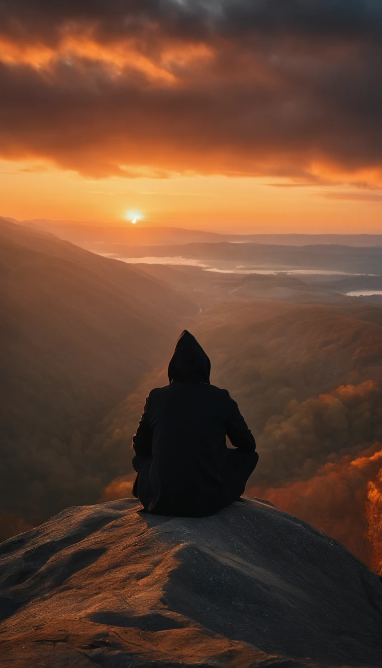 sitting at the edge of a cliff，Look up into the distance，A teenager with his hands on his knees, Wear a black hood and black trench coat, The time is sunset, god light, symetry, first person perspective