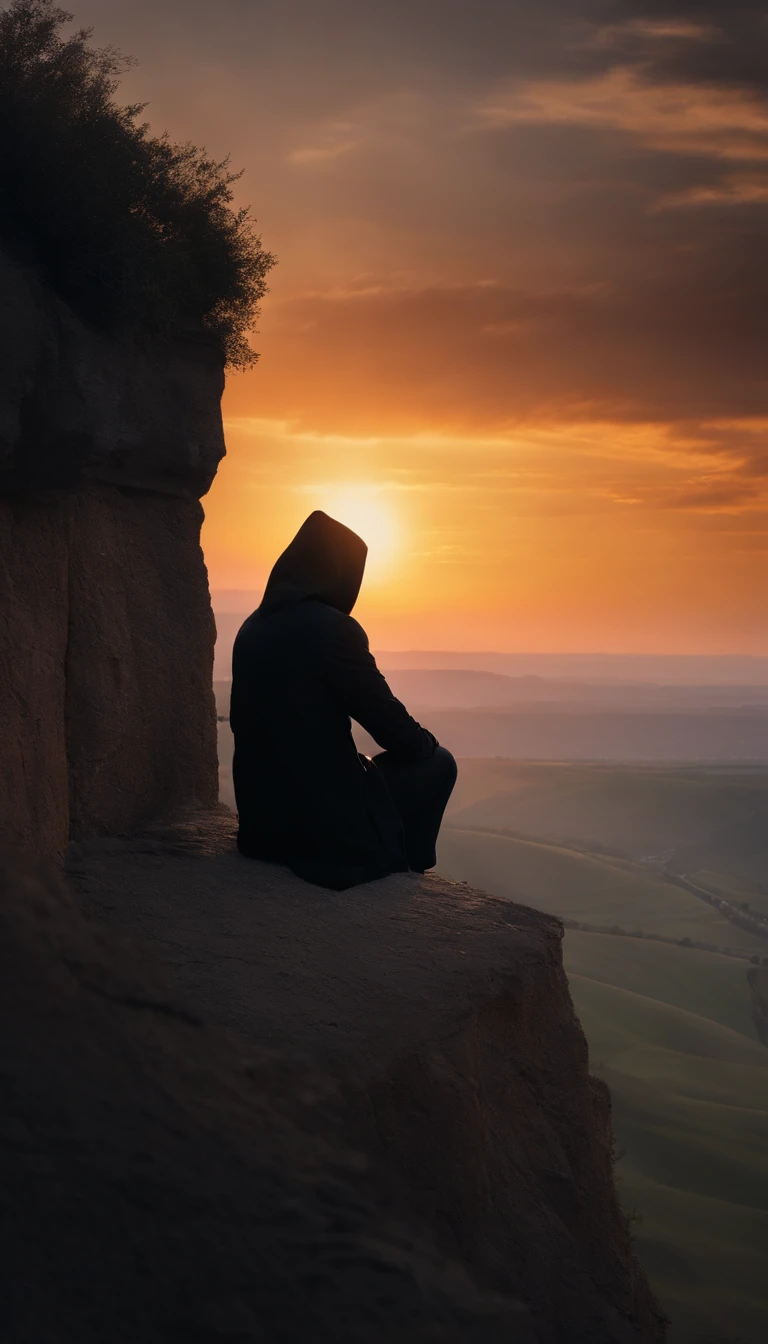 sitting at the edge of a cliff,Look up into the distance,A teenager with his hands on his knees, Wear a black hood and black trench coat, The time is sunset, god light, symetry, first person perspective