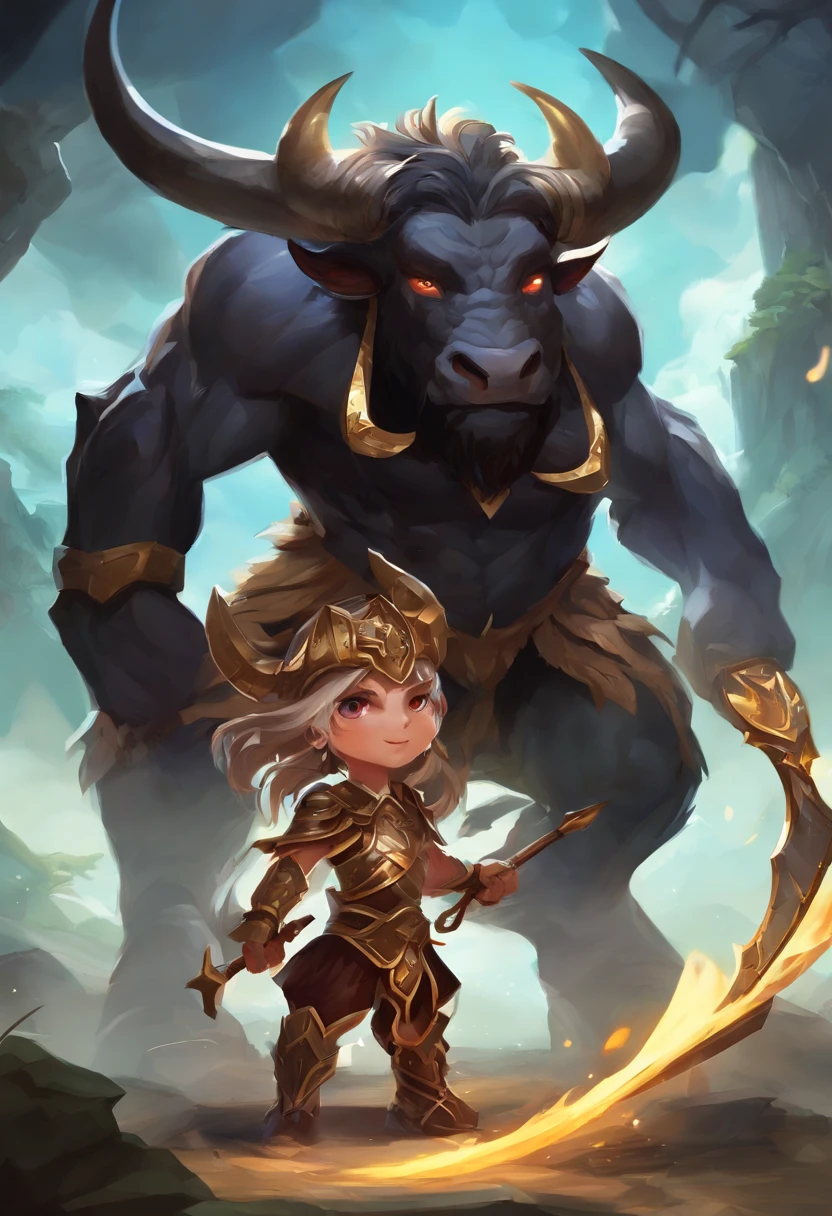 Chibi, cute little、3 head body、Thunderbolt(Black Minotaur:1.5)，Who has an ax（Black Minotaur Monster：1.8），Cow standing with an ax，Painful expression，(Raise your head to the sky and roar:1.8)，funk，shudder，Gothic，barroco，（The arc was freed from the hands of a female mage），Current Spreads，Medieval landscape，Fantastical，4K，best qualtiy，primitive，（(Ultra-detailed and precise details))，Power Hero & Magic 3，Fantastical，The background is the canyon plain，The scene is impressive