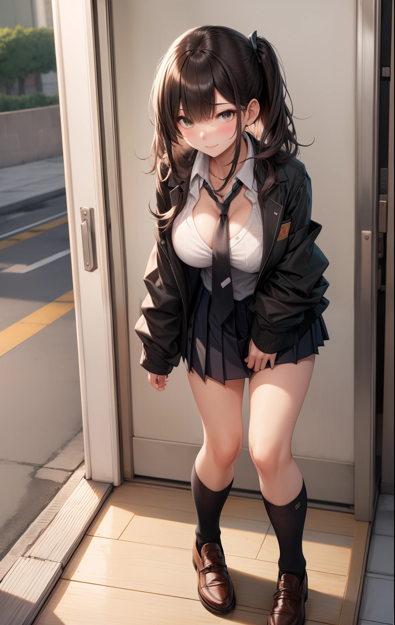 black necktie, Long sleeves, Pleated skirt, School uniform, Shirt, Skirt, sleeves rolled up, White shirt, cleavage,