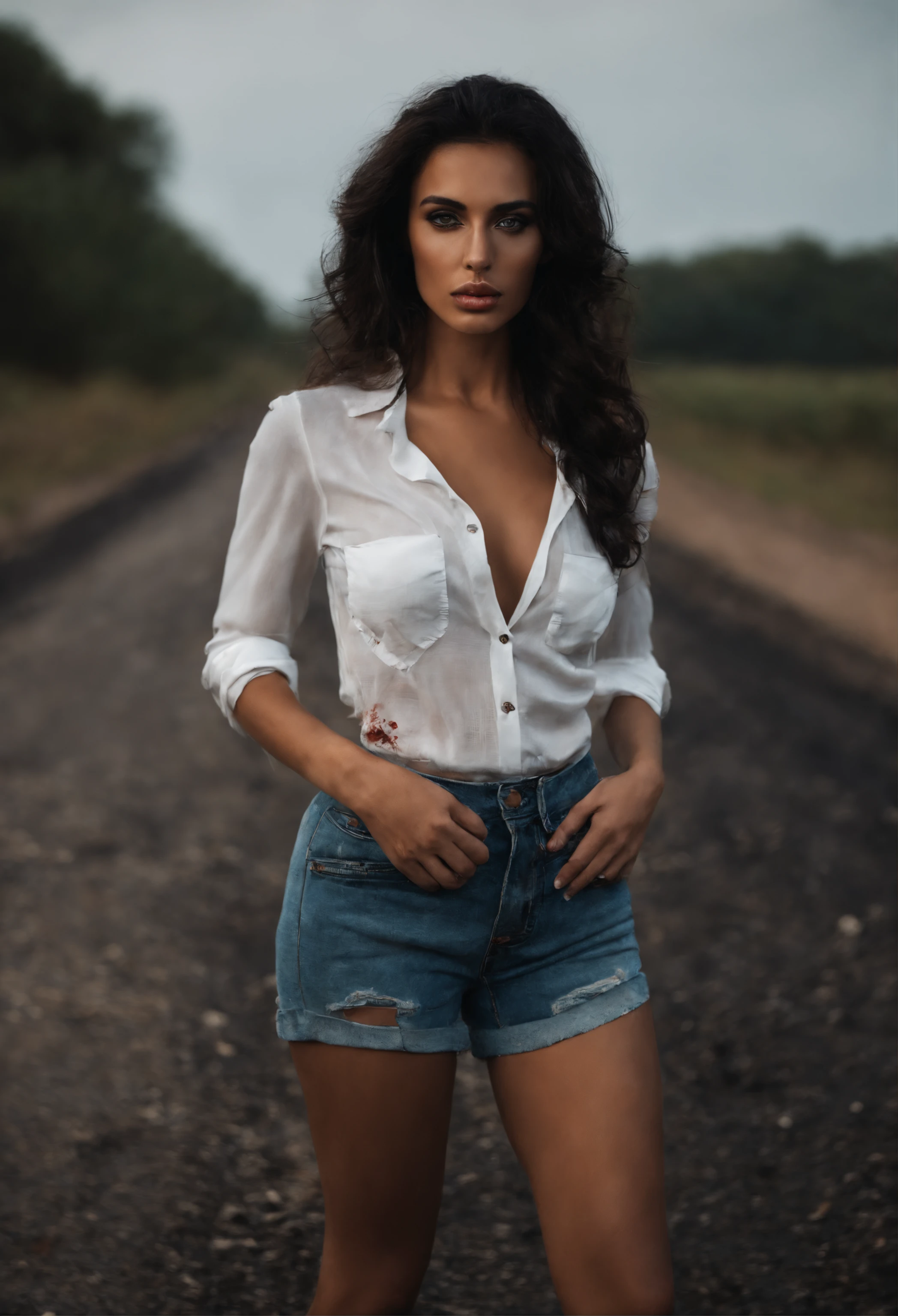 Yael Shelbia (beautiful and bold, seductive and attractive, blue eyes, pointed breasts, long curly black hair, sweaty body, open shirt, short shorts, me, boot, thick legs). (deserted road, dirt road, blood, smoke, abandoned cars, newspapers, abandoned objects, bodies lying on the ground, abandoned road, apocalyptic scenery, cinematic effect), (Best quality, masterpiece, depth of field, Full HD, 4K, richness of detail). Portrait style