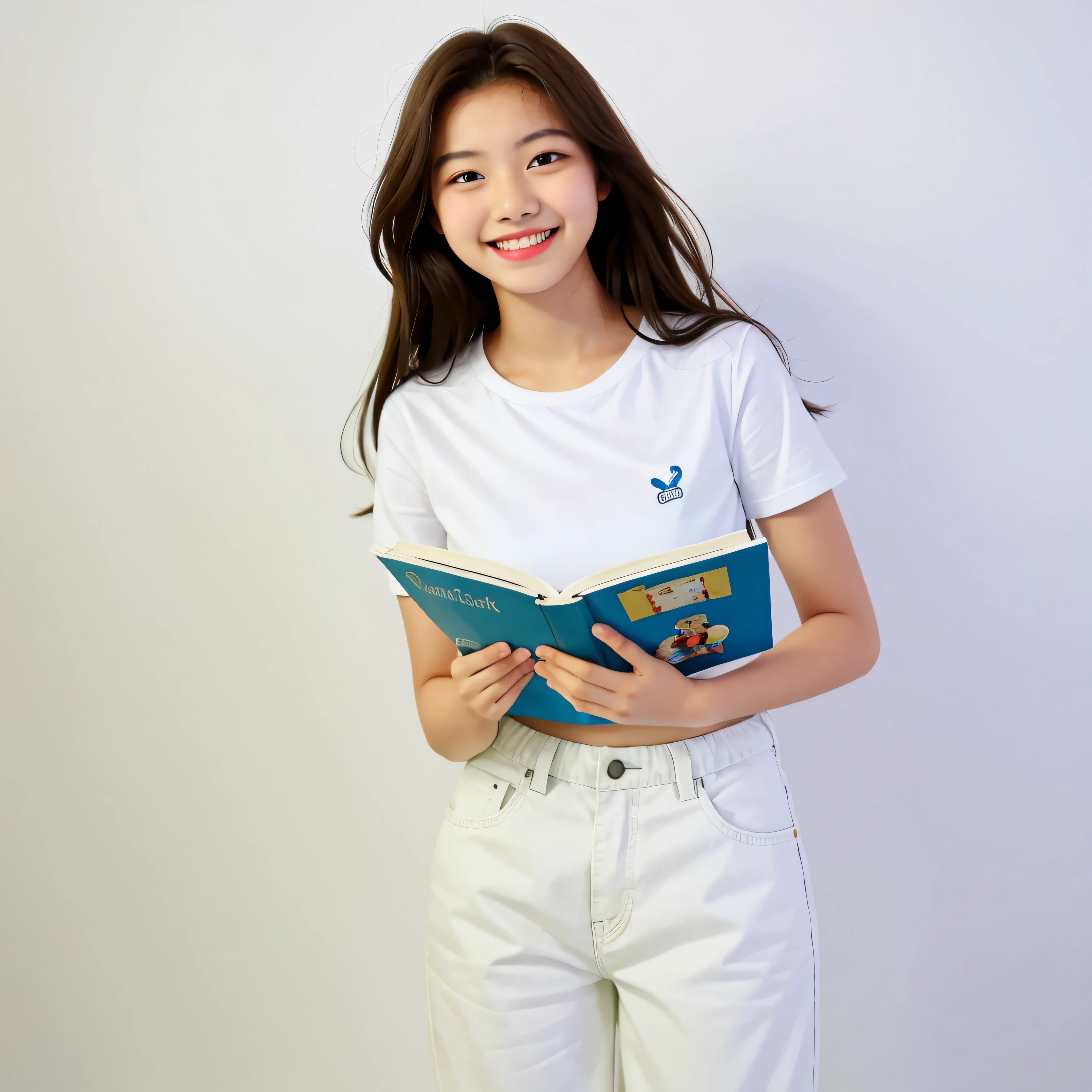 a girl reading a book, 13 years old, teen, active, smiling, white background, white shirt, canvas pants
