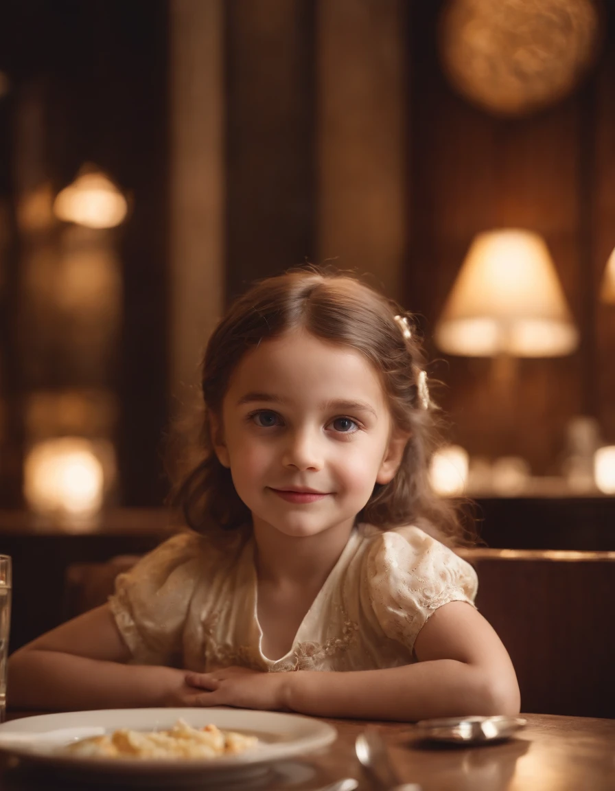 happy  girl in retro restaurant, back lighting, medium shot, high quality photo