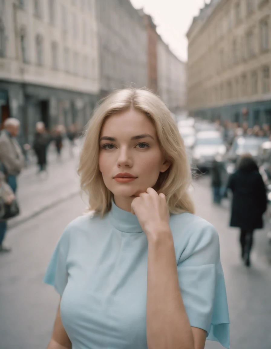 woman on street, in the style of ilford hp5 disposable camera, cityscape, white and azure, andy warhol, elsa bleda, olympus af-1 (aka olympus infinity), danish golden age