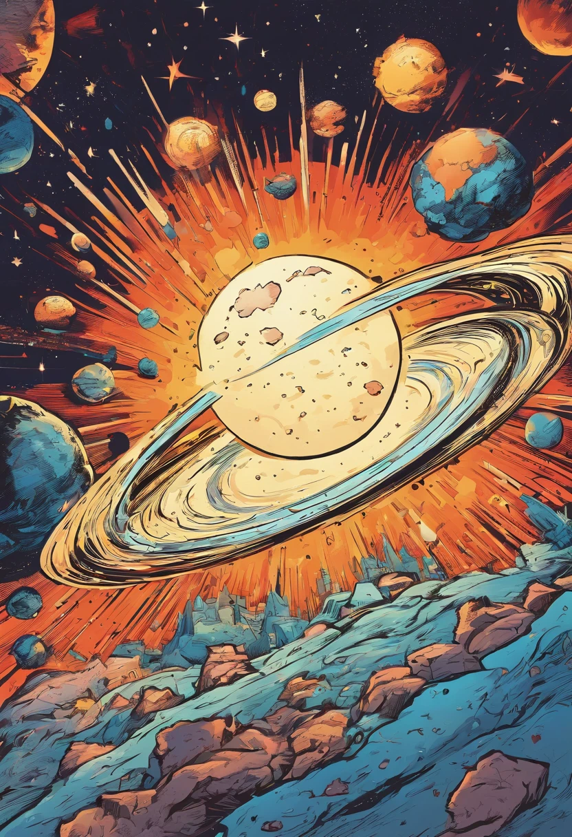 Un asteroide encadenado arrastrando una estrella, logotipo, estilo caricatura, arte abstracto