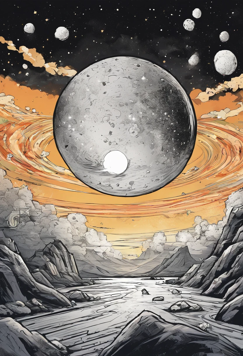 Un asteroide encadenado arrastrando una estrella, logotipo, estilo caricatura, arte abstracto