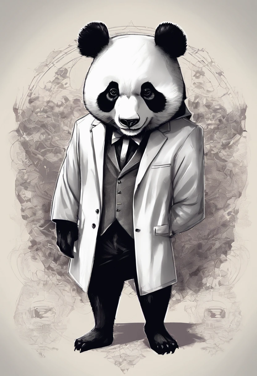 anthropomorphic panda, de cuerpo entero, vestido formalmente con un blazer, sostiene una bandeja, pegatina de panda, sticker de panda.